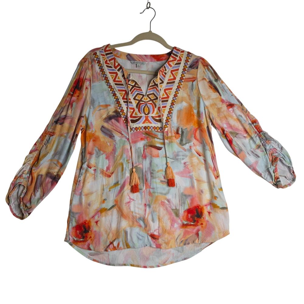 John&Mark XS boho peach tiedyed look Embroidered Rayon‎ earth toned Blouse top